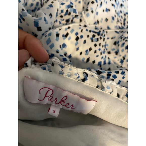 Parker Womens Dress Size Small Blue Geometric Ruffle Tiered Cottagecore Feminine - Picture 3 of 8